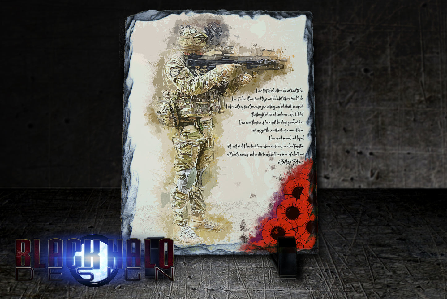 A British Soldier Poem: Poppy Natural Rock Slate with Stands