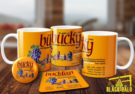Buckfast Tonic Wine Novelty 10-11oz Ceramic Mug, Coaster and Badge set