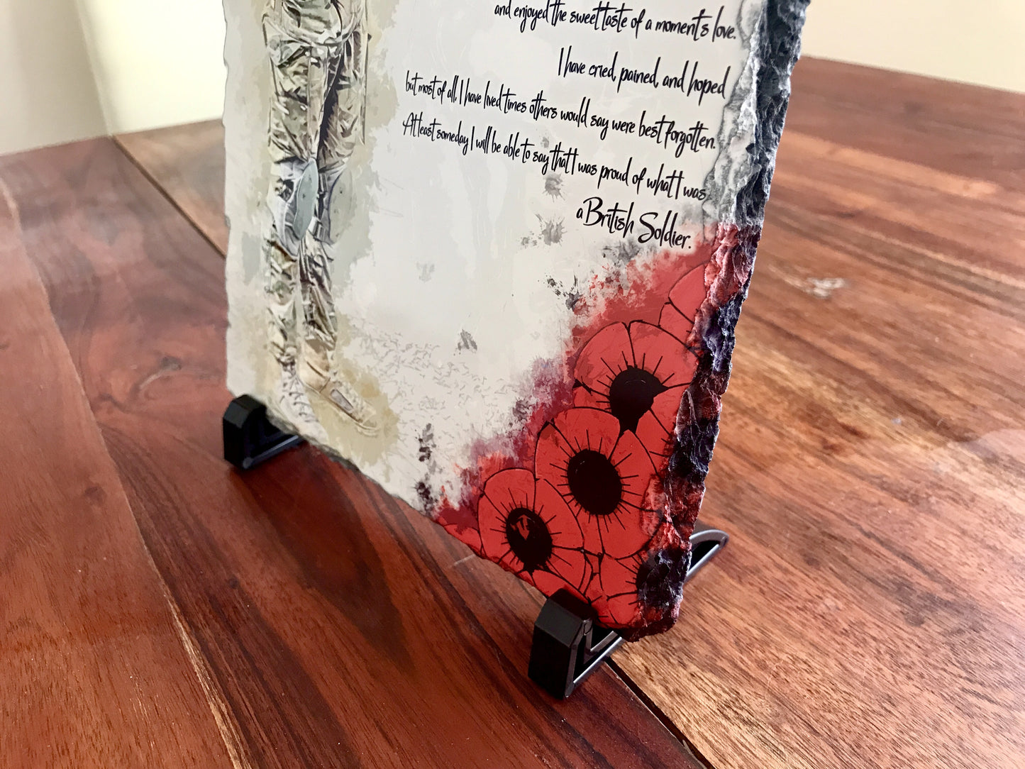 A British Soldier Poem: Poppy Natural Rock Slate with Stands