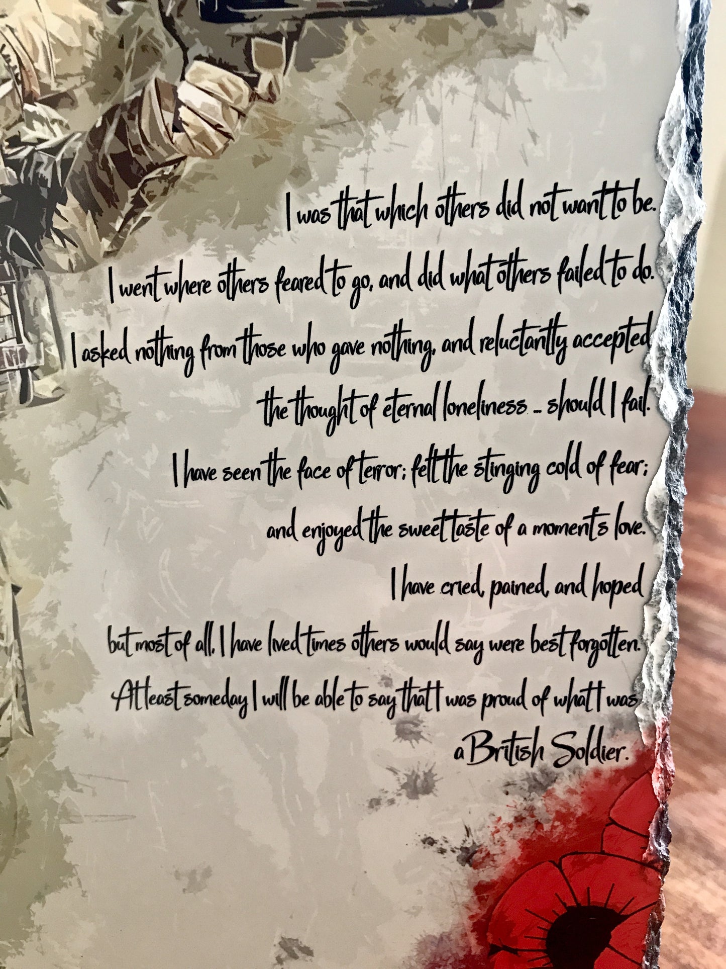 A British Soldier Poem: Poppy Natural Rock Slate with Stands