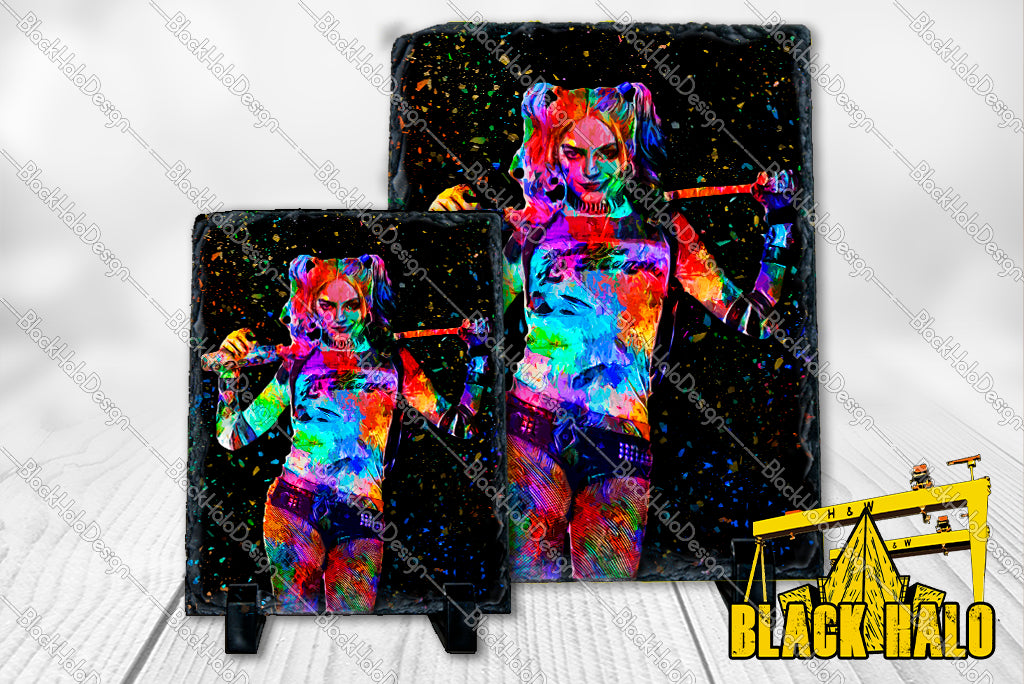 Harley Quinn Inspired artwork on Natural Rock Slate with Stands