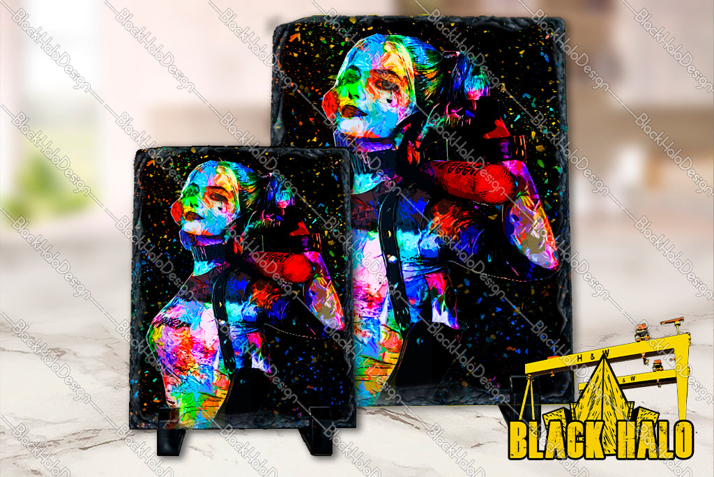 Harley Quinn Inspired artwork on Natural Rock Slate with Stands