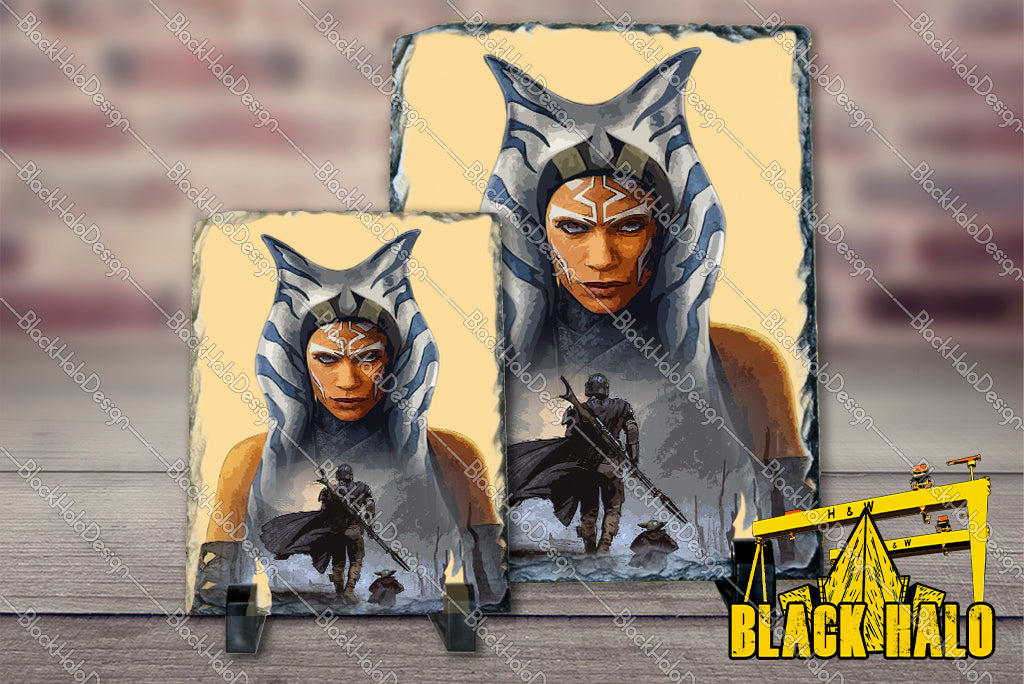 Star Wars Inspired Ahsoka Tano:(Mandalorian) artwork on Natural Rock Slate with Stands