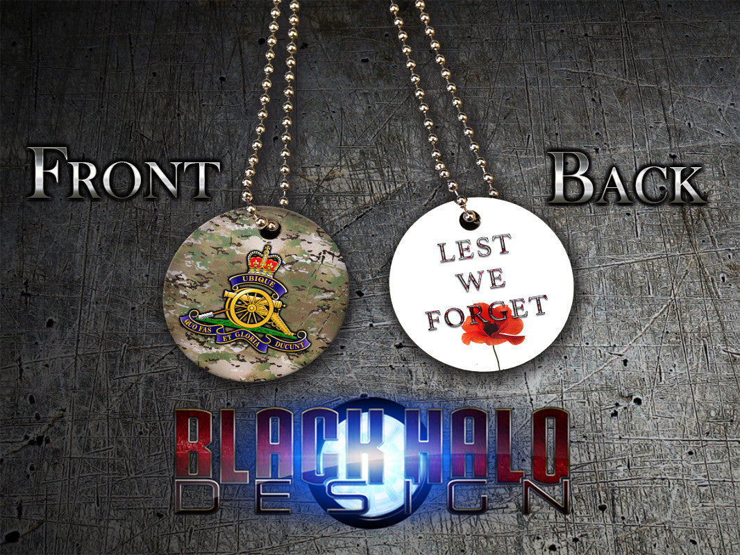 THE ROYAL REGIMENT OF ARTILLERY: MULTI-CAM: LEST WE FORGET ★ UK STYLE ID DISC/DOG TAG NECKLACE/KEYRING - Black Halo Design