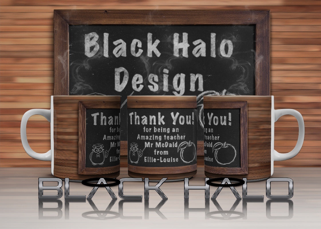 Chalk Board Personalised Thank You Teacher 10oz Ceramic Mug - Black Halo Design