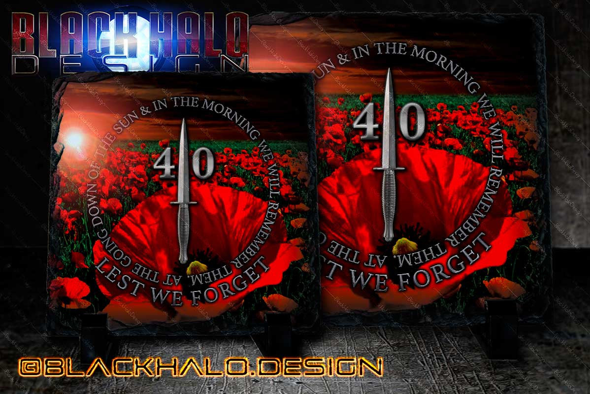 40 Commando (CDO) Royal Marines: Lest we Forget: Poppy Natural Rock Slate with Stands #Somme - Black Halo Design
