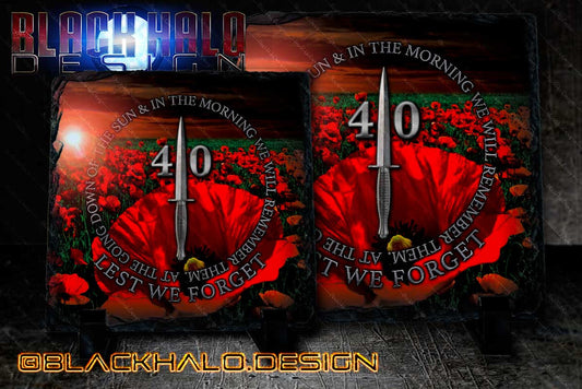 40 Commando (CDO) Royal Marines: Lest we Forget: Poppy Natural Rock Slate with Stands #Somme - Black Halo Design
