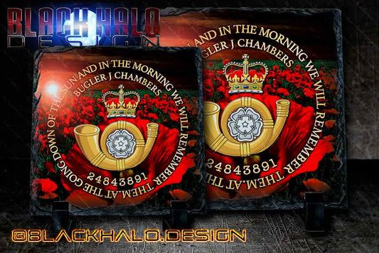 Personalised Kings Own Yorkshire Light Infantry Poppy Natural Rock Slate with Stands