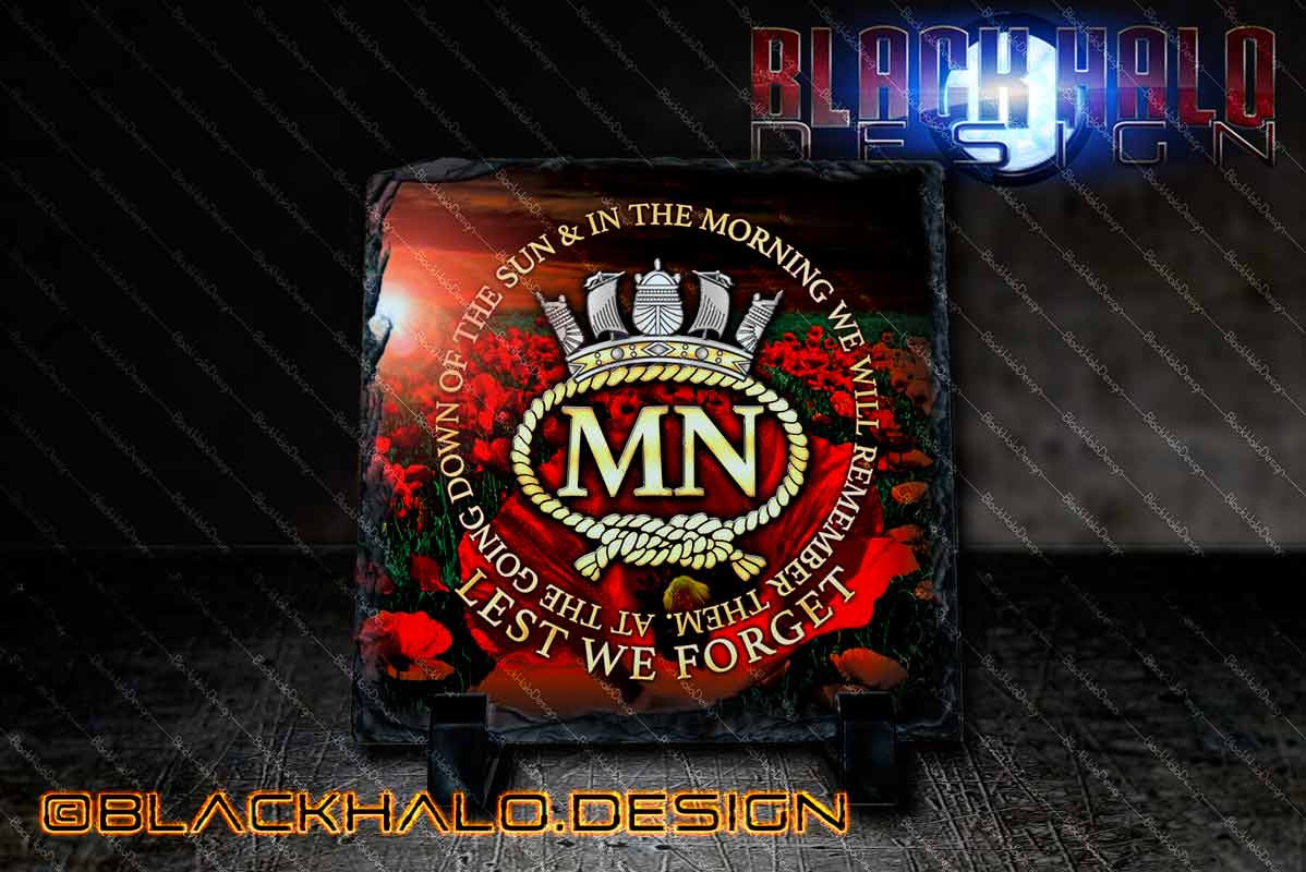 The British Merchant Navy (MN): Lest We Forget Natural Rock Slate with Stands (150mm x 150mm) - Black Halo Design
