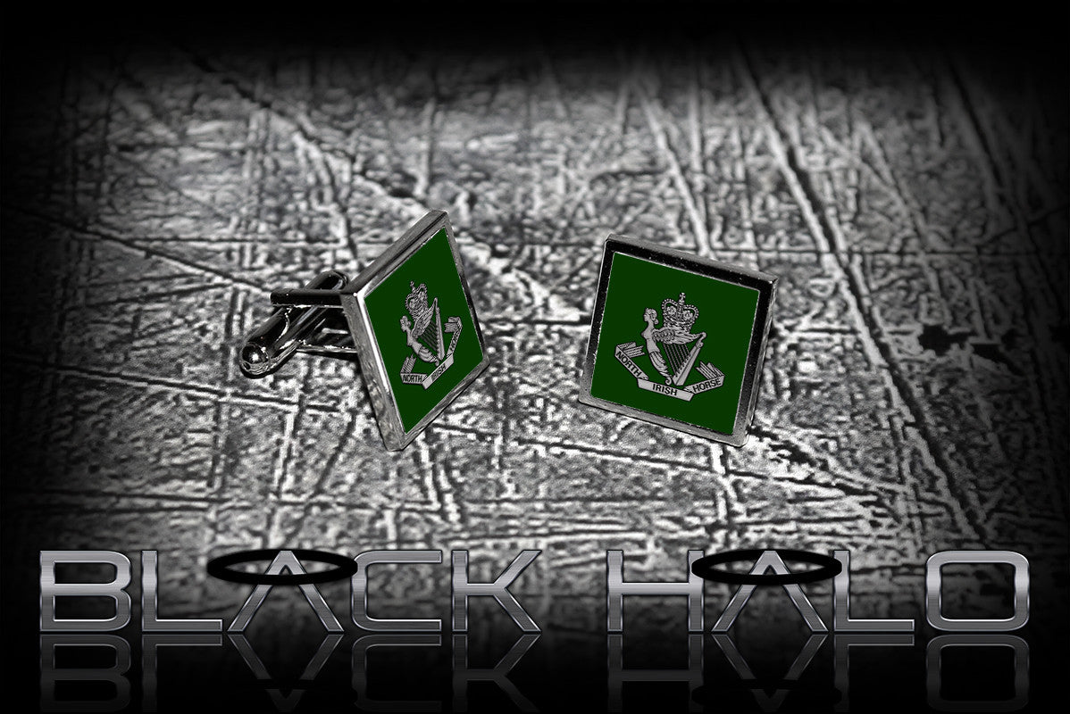 NORTH IRISH HORSE METAL CUFFLINKS IN PRESENTATION BOX #Green - Black Halo Design
