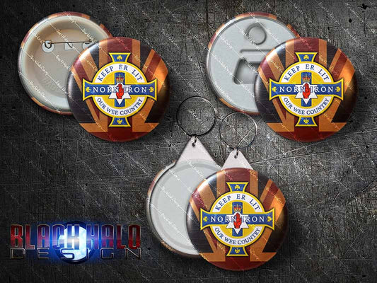 Northern Ireland: Norn Iron: Ulster: Large 58mm Metal Pin Badge, Magnet, Keyring - Black Halo Design
