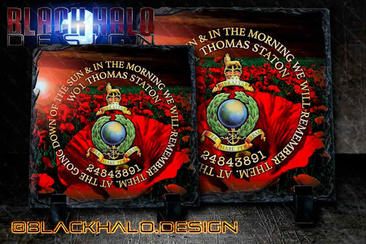 Personalised Royal Marines: Globe & Laurel Poppy Natural Rock Slate with Stands