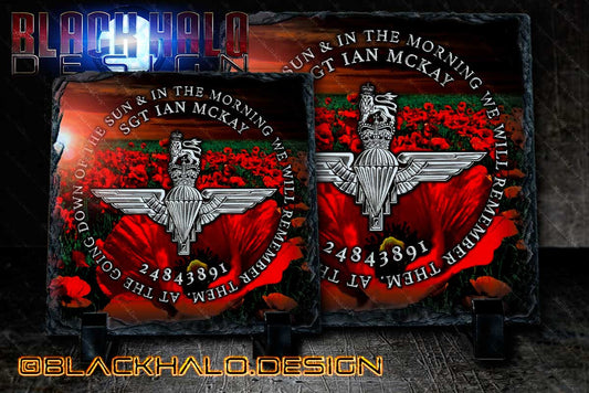 Personalised: Parachute Regiment (Para) Poppy Natural Rock Slate with Stands #Somme #Chrome - Black Halo Design
