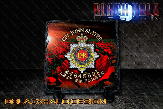 The Royal Army Service Corps (RASC) Personalised Natural Rock Slate - Black Halo Design
