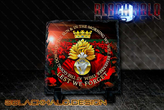 The Royal Irish Fusiliers (Princess Victoria's): Lest We Forget Natural Rock Slate with Stands (150mm x 150mm) - Black Halo Design
