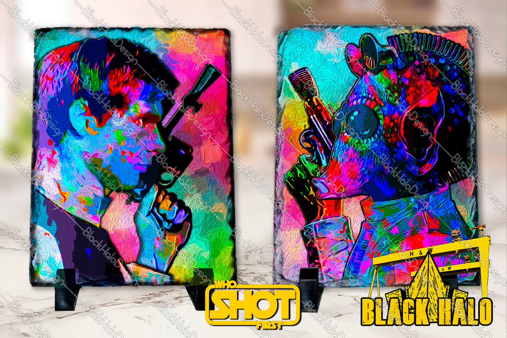 Star Wars Inspired Greedo & Han Who Shot First artwork on Natural Rock Slate with Stands