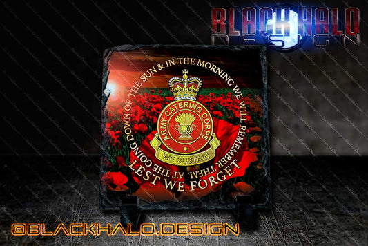 The Army Catering Corps (ACC): Lest We Forget Natural Rock Slate with Stands (150mm x 150mm) - Black Halo Design
