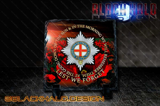 The Coldstream Guards: Choice of Natural Rock Slate with Stands (150mm x 150mm) - Black Halo Design
 - 1
