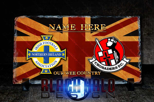 PERSONALISED: Northern Ireland - Crusaders FC: Union Jack Natural Rock Slate (120mm x 220mm) #OurWeeCountry #Crues - Black Halo Design
