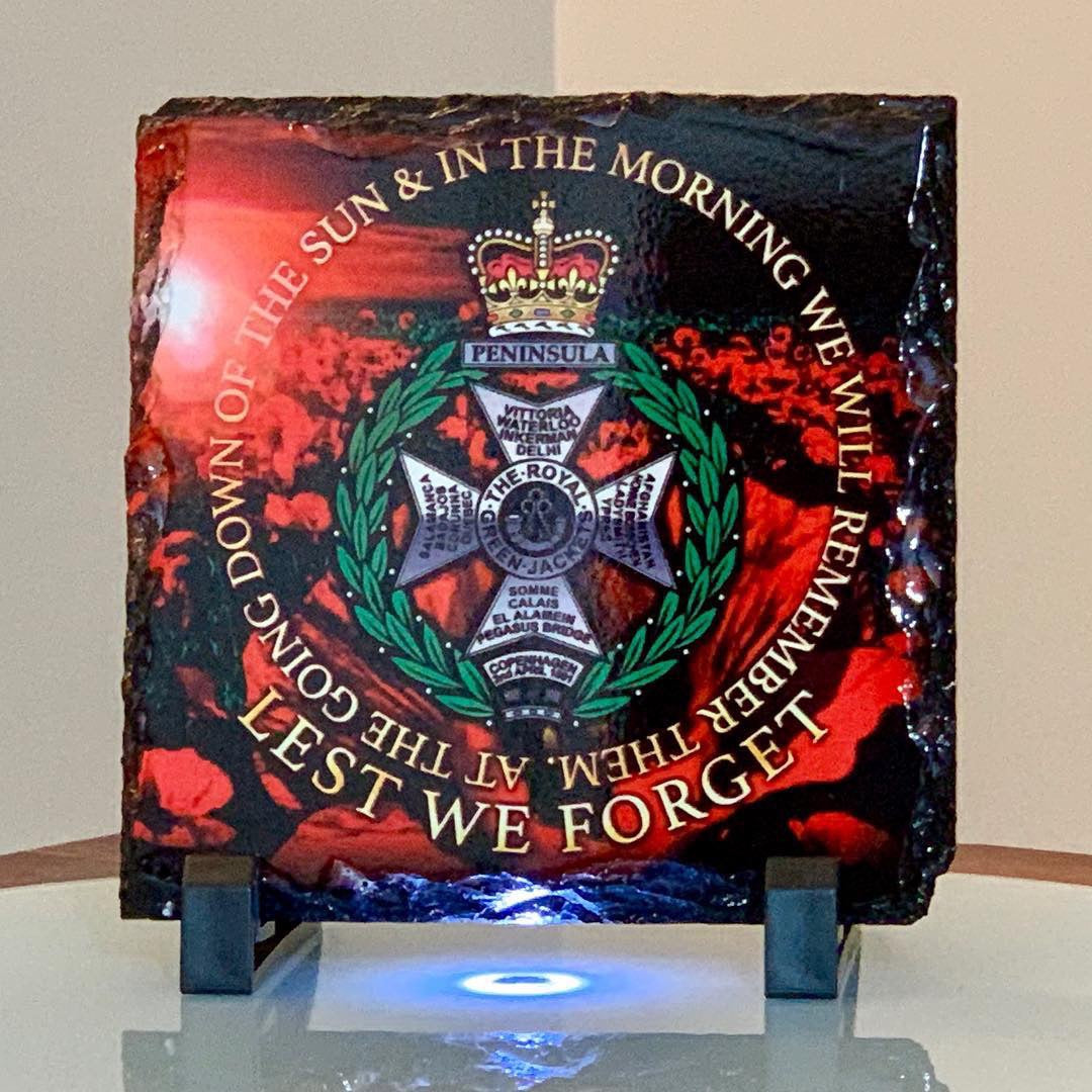 The Royal Green Jackets: Lest We Forget Natural Rock Slate with Stands