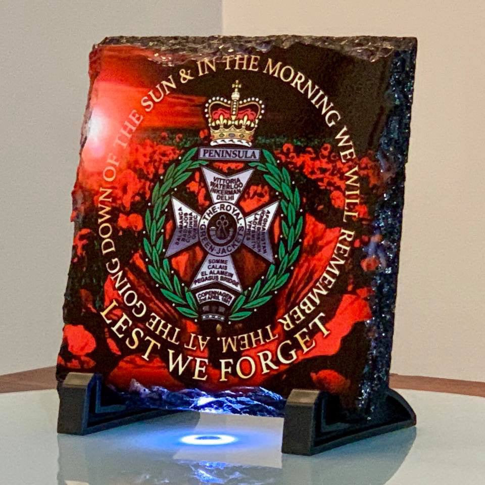 The Royal Green Jackets: Lest We Forget Natural Rock Slate with Stands