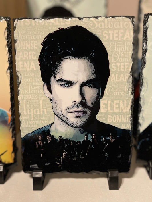 Vampire Diaries inspired Damon Salvatore artwork on Solid Rock Slate