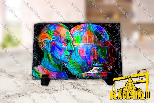 Star Wars Inspired Grand Moff Tarkin artwork on Natural Rock Slate with Stands