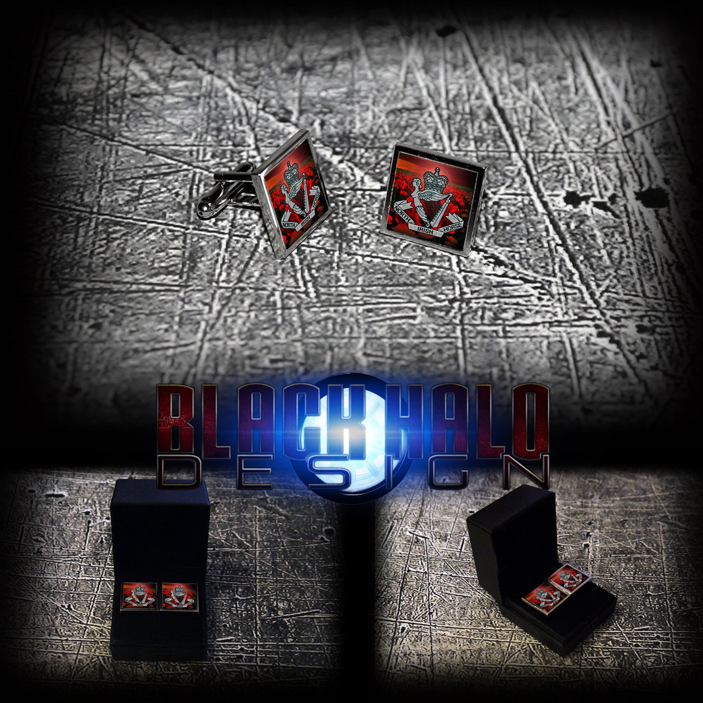 NORTH IRISH HORSE: POPPY FIELD (ARMY) METAL SQUARE CUFFLINKS (YEOMANRY/SOMME) - Black Halo Design
