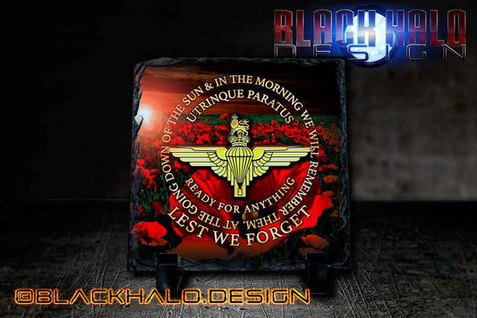 The Parachute Regiment (PARA): Lest We Forget Natural Rock Slate with Stands (150mm x 150mm) - Black Halo Design
