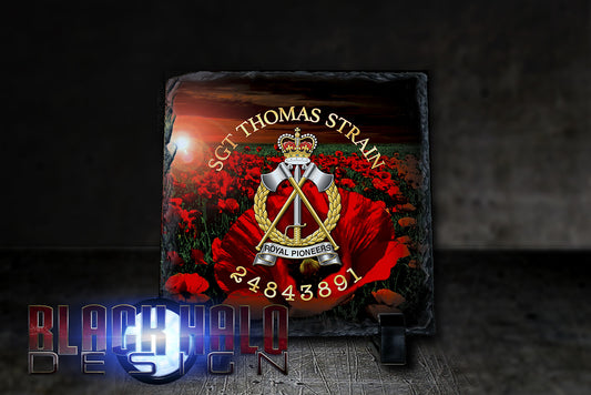 Personalised Royal Pioneer Corps Natural Rock Slates - Black Halo Design
